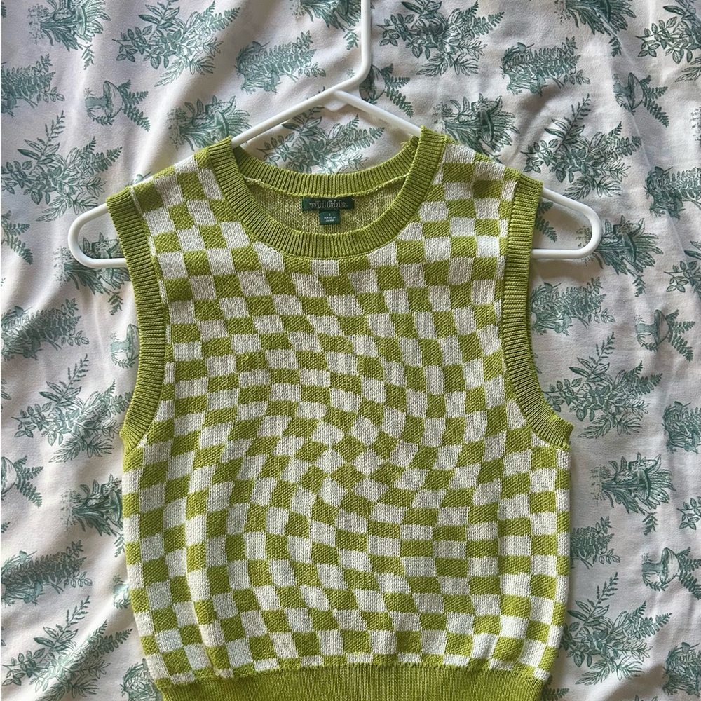 Green Checkered Knit Sweater Vest